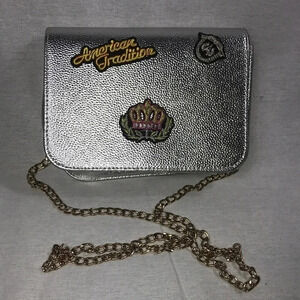 Metallic Silver bag with patches and gold chain